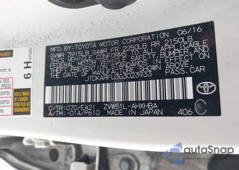 2016 Toyota Prius z USA, uszkodzony, nr VIN JTDKARFU3G3023933